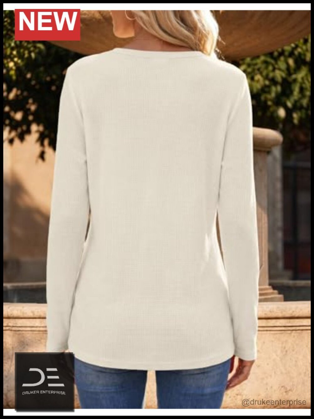 Women's Long Sleeve Waffle Knit V Neck Tunic Tops - Picture 2 of 6